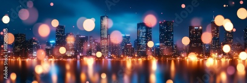 Night City Lightscape - Urban skyline, glittering lights, nocturnal cityscape, water reflection, bokeh effect. Symbolizes progress, energy, beauty, dreams, and ambition. photo