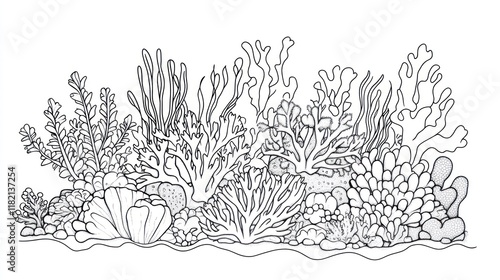 Fototapeta Naklejka Na Ścianę i Meble -  Underwater coral reef line art; ocean seabed scene; coloring book page