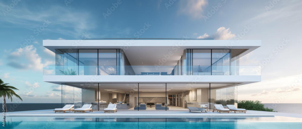 Fototapeta premium modern luxury mansion featuring an infinity pool overlooking the ocean