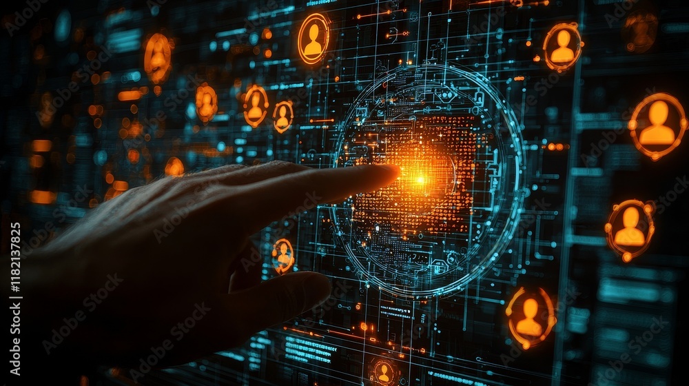 A hand interacts with a digital network of linked people, highlighting social media, communication, and teamwork A hand interacts with a digital network of linked people, highlighting social media, communication, and teamwork