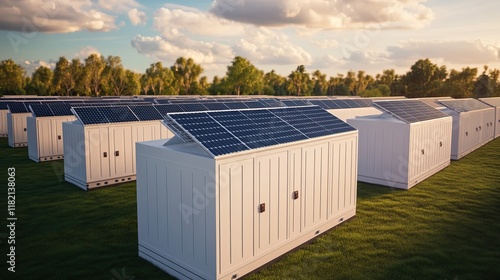 The image showcases numerous solar energy storage units arranged in a field, highlighting renewable energy solutions under a cloudy sky.