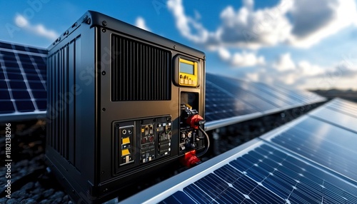 A solar inverter sits on a solar panel array, converting solar energy into usable electricity under a bright blue sky. photo