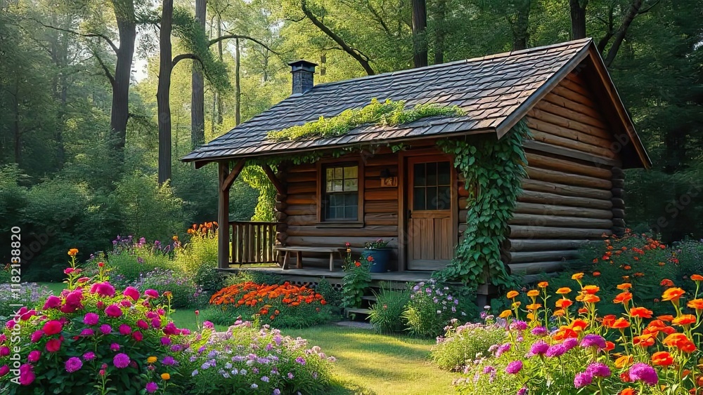 Cabin Retreat in a Floral Paradise: A cozy log cabin, nestled amidst vibrant flowers, promises a tranquil escape from the hustle of everyday life. Cabin Retreat in a Floral Paradise: A cozy log cabin, nestled amidst vibrant flowers, promises a tranquil escape from the hustle of everyday life.