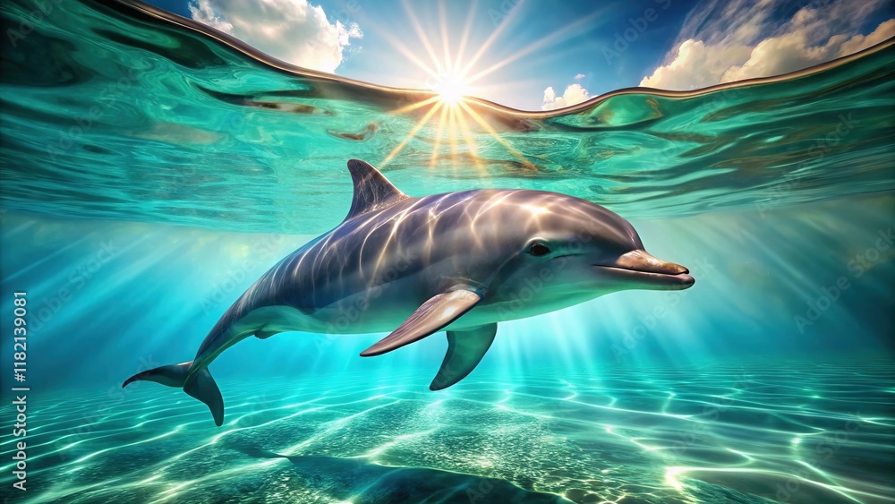 Fototapeta premium A peaceful dolphin glides in sun-drenched underwater realm.