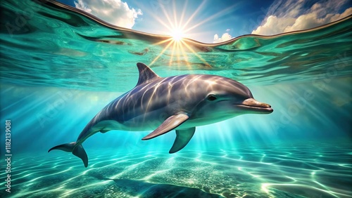 A peaceful dolphin glides in sun-drenched underwater realm. photo