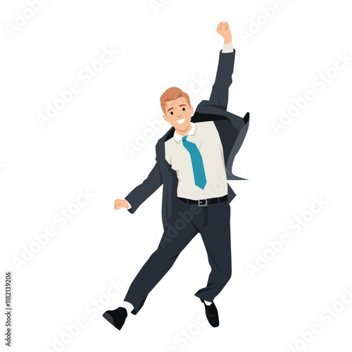 Young man employee have fun enjoy win or victory in office. Flat vector illustration isolated on white background