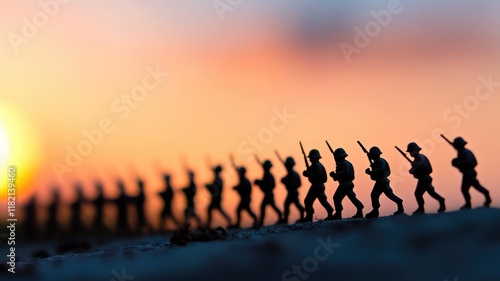 Silhouettes of toy soldiers marching at sunset in row outdoors photo