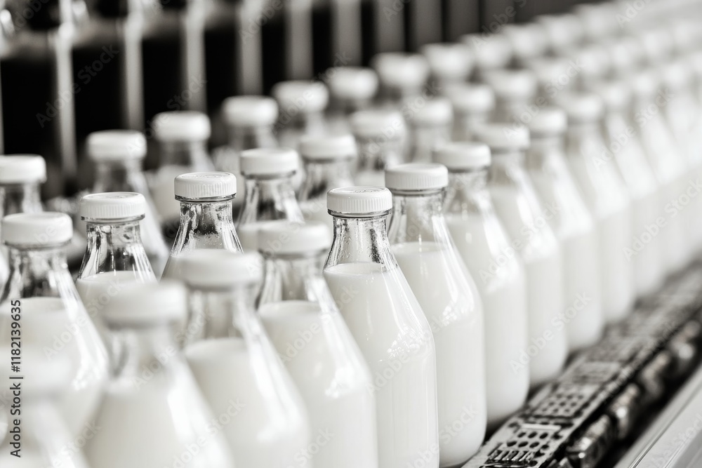 Obraz premium Rows of Glass Milk Bottles on Conveyor Belt in Dairy Processing Plant