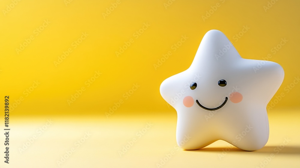 Smiling star-shaped object with two eyes and pink cheeks against yellow background Smiling star-shaped object with two eyes and pink cheeks against yellow background