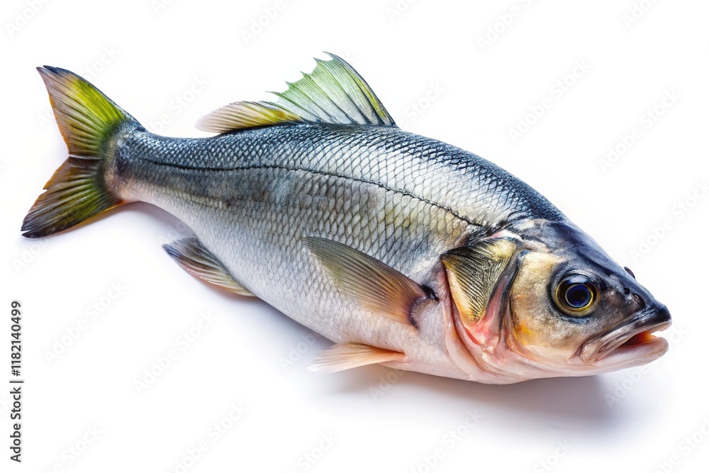 Fototapeta premium A tilt-shift image of fresh sea bass, white background.