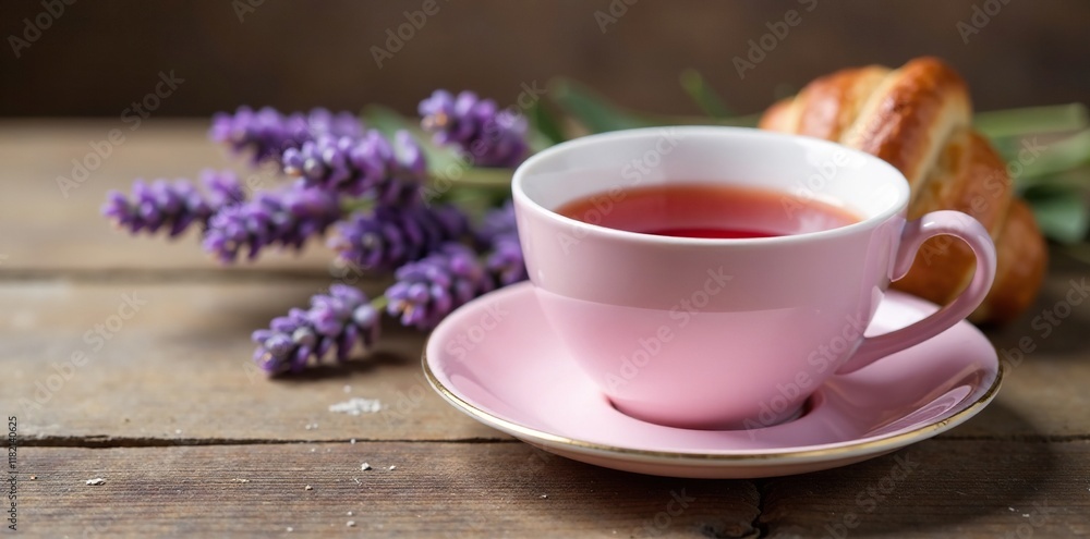 Fototapeta premium Pastel pink tea cup with lavender croissant and raspberry cheesecake on a wooden table, lavender, wood, cheesecake