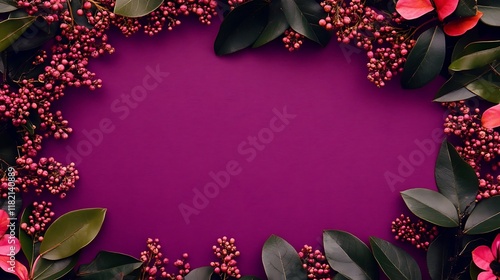 Pink berries and dark leaves frame a purple background
