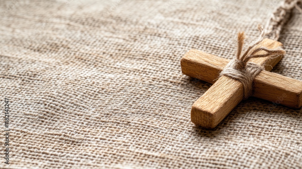 Wooden cross with twine on burlap fabric background Wooden cross with twine on burlap fabric background