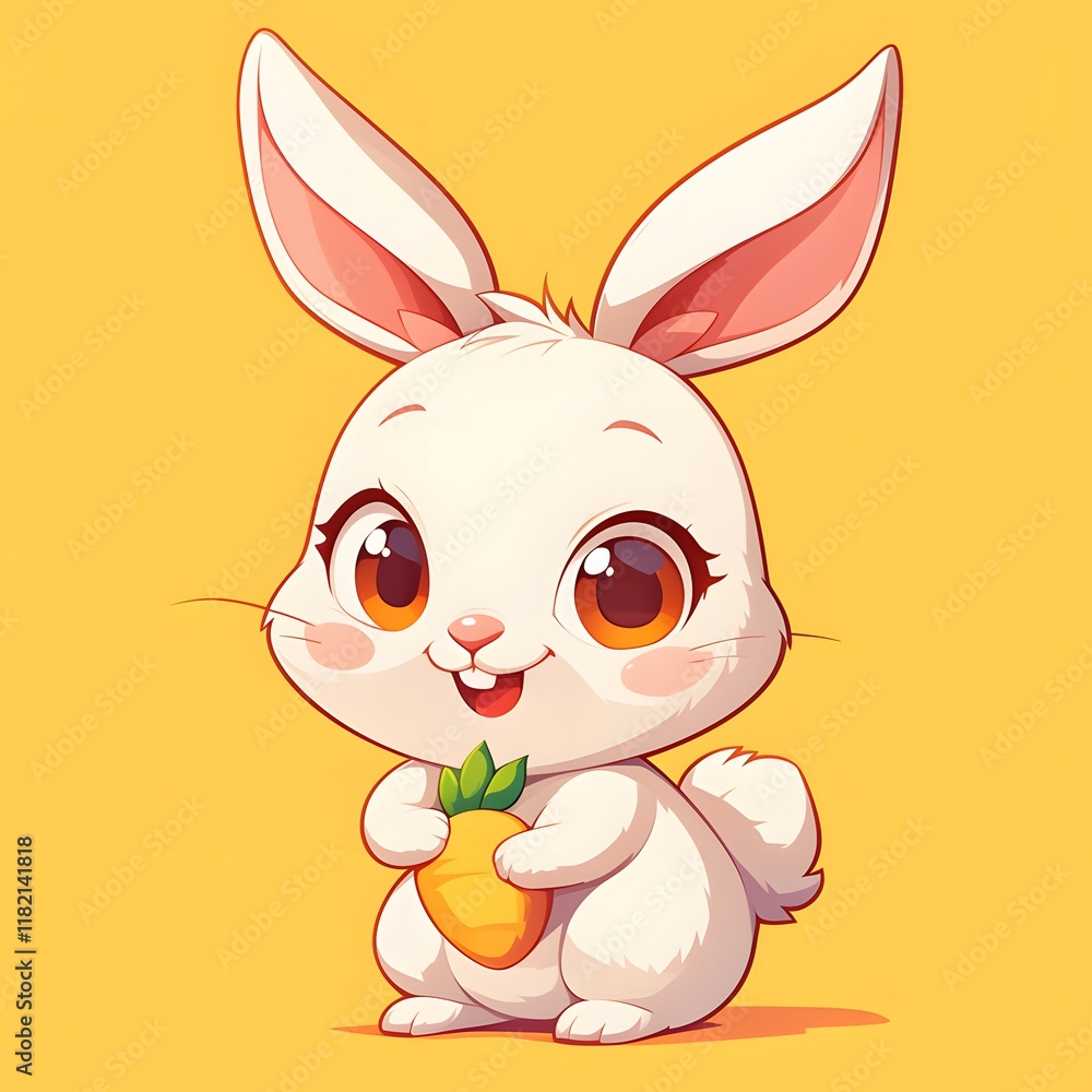 Fototapeta premium 2D cartoon illustration of a fluffy rabbit holding a carrot on a clean plain background