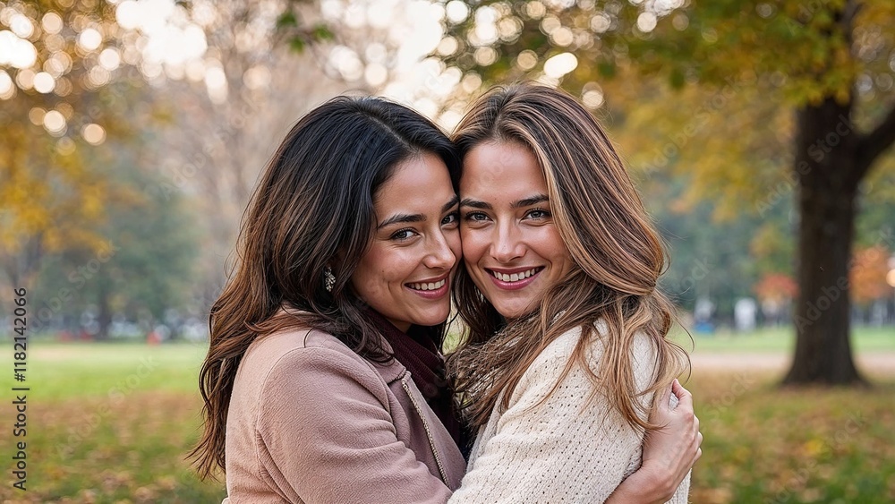 Two Women Hugging in a Park Surrounded by Autumn Leaves, Over-the-Shoulder Perspective, Soft Diffused Light Creating a Cozy Mood Two Women Hugging in a Park Surrounded by Autumn Leaves, Over-the-Shoulder Perspective, Soft Diffused Light Creating a Cozy Mood
