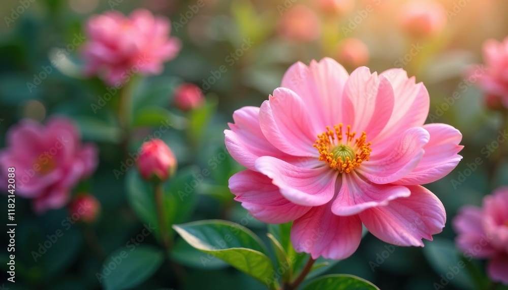 Petals unfolding in soft pink hue amidst lush green foliage, floral, blossom Petals unfolding in soft pink hue amidst lush green foliage, floral, blossom