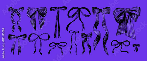 Crayon drawn realistic ribbons and bows vector illustration. Collection of girly coquette style bows, aesthetic elegant girly or boy's ribbons. Elegant vintage cliparts. Dark purple classic aesthetic.