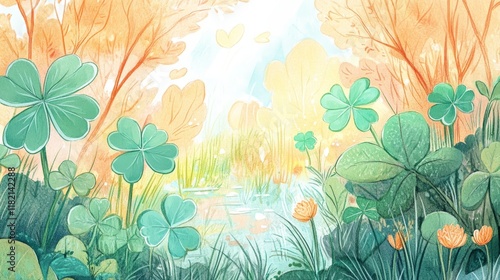 Serene Autumn Forest with Lush Clovers and Gentle Sunlight