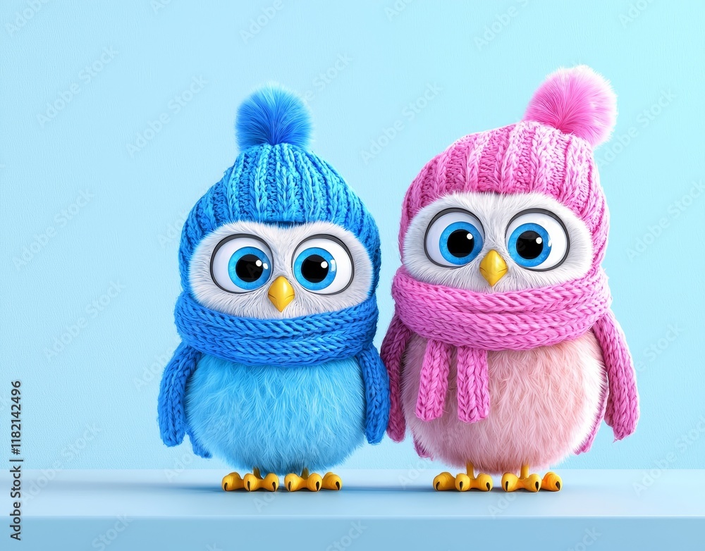Obraz premium Two adorable cartoon snow owls in hats and scarves as a family.