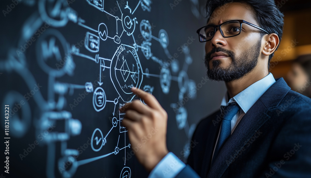 Indian business consultant pointing out an issue on a flowchart to illustrate a process improvement