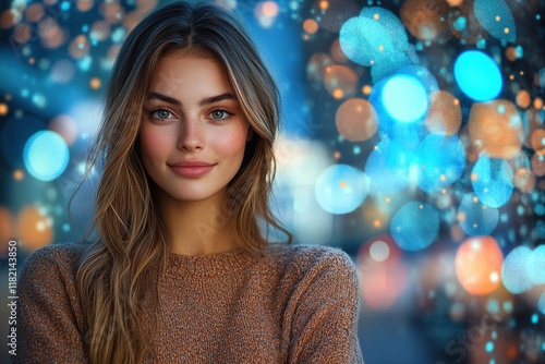 Wallpaper Mural A young woman with long hair smiles warmly against a backdrop of vibrant, blurred lights. Torontodigital.ca
