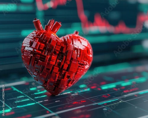 A heartshaped trading algorithm interface on a futuristic finance screen, Valentines tech romance, market innovation, symbolic design photo