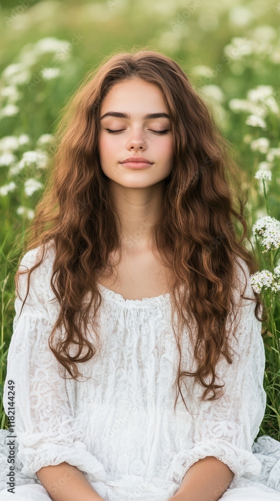 Relaxed Young Woman Sitting on Blanket Enjoying Nature, Surrounded by Flowers, Serene Spring Atmosphere, Peaceful Moment of Tranquility, Experience Calmness in Nature, Long Hair and White Dress Relaxed Young Woman Sitting on Blanket Enjoying Nature, Surrounded by Flowers, Serene Spring Atmosphere, Peaceful Moment of Tranquility, Experience Calmness in Nature, Long Hair and White Dress