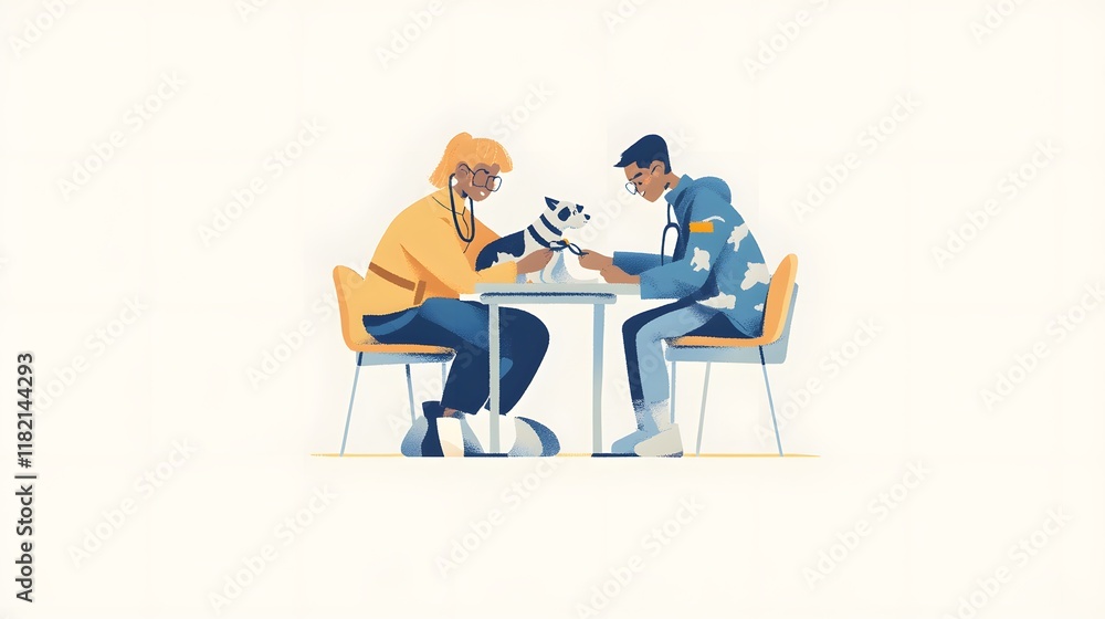 A simple flat vector illustration of two people with their dog in the pet clinic A simple flat vector illustration of two people with their dog in the pet clinic