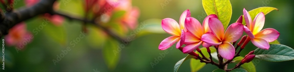 Plumeria tree with blooming flowers and foliage, blooming plant, garden scene, sunlight filtering Plumeria tree with blooming flowers and foliage, blooming plant, garden scene, sunlight filtering