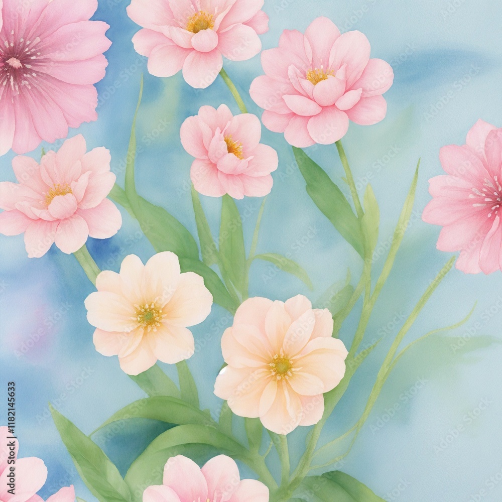 Romantic Watercolor Pale Pink and Peach Dahlias in Serene Style with Light Blue Background Romantic Watercolor Pale Pink and Peach Dahlias in Serene Style with Light Blue Background