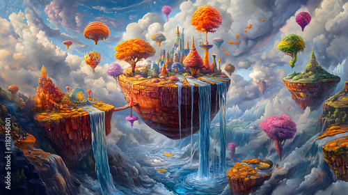 Abstract Bucket with Dreamlike Scenarios, Floating Islands, and Fantasy-Inspired Elements in Surreal and Whimsical Style. photo