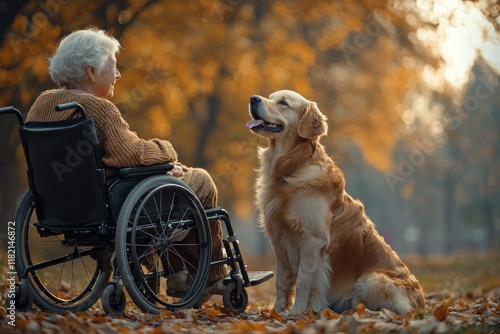 A elderly woman in a wheelchair enjoys interacting with a cute, fluffy dog in a tranquil garden on a warm, sunny day photo