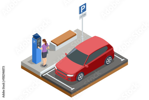 A vector isometric artwork depicting a woman paying at a blue parking meter next to her red car in an urban parking space. A clean and organized environment
