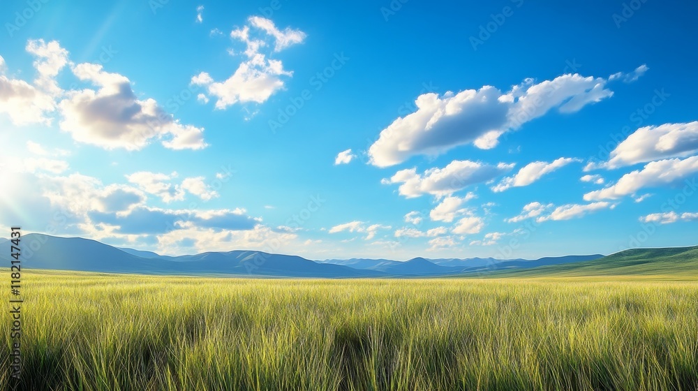 Obraz premium Serene Grassland Under Blue Sky - Tranquil landscape, vast meadow, sunny day, freedom, peace. Symbolizes nature's beauty, serenity, hope, and boundless potential.