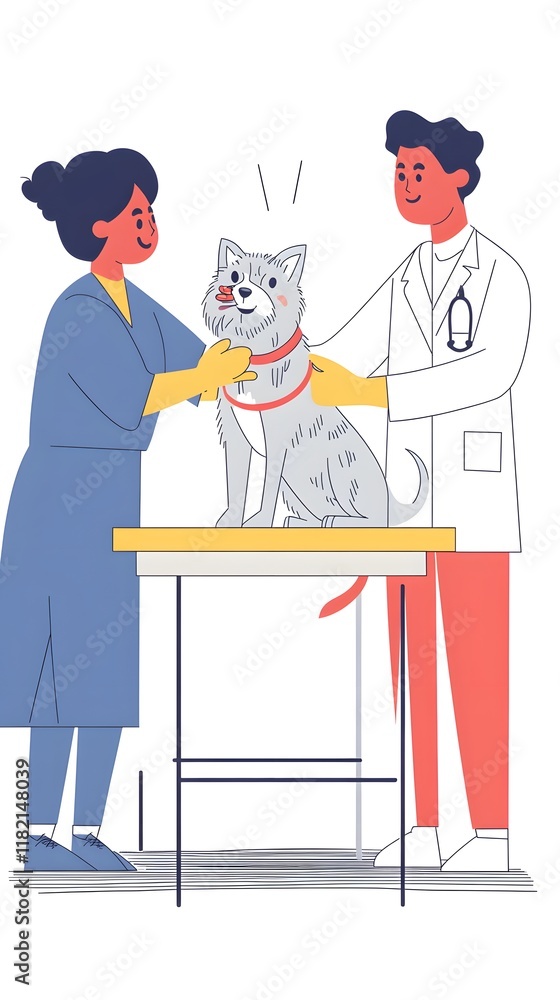 A simple flat vector illustration of two people with their dog in the pet clinic A simple flat vector illustration of two people with their dog in the pet clinic