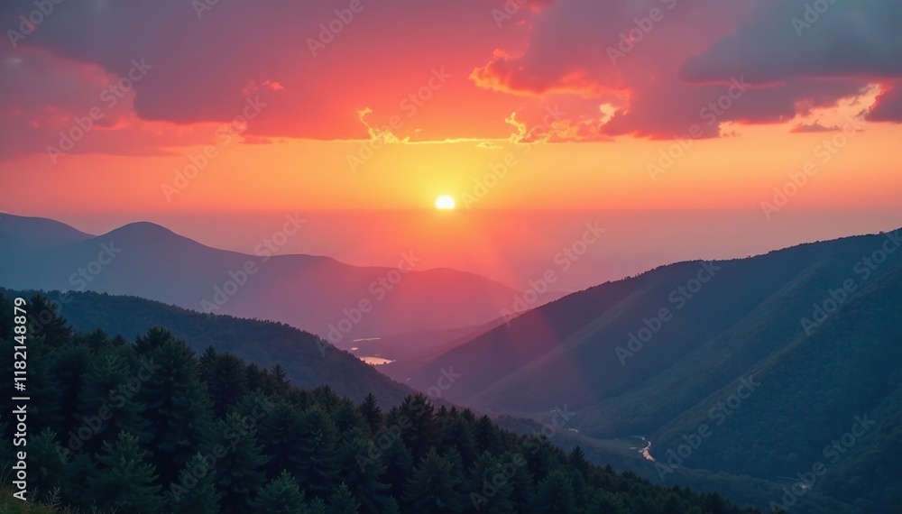 Obraz premium Red and yellow clouds dissolve slowly above the rolling hills at sunset, misty, cloud