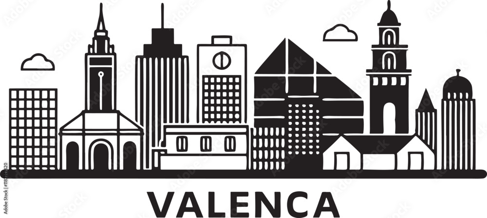 Obraz premium Spain,Valencia City tourism landmarks outline silhouette, vector city travel illustration eps, landmarks of the city