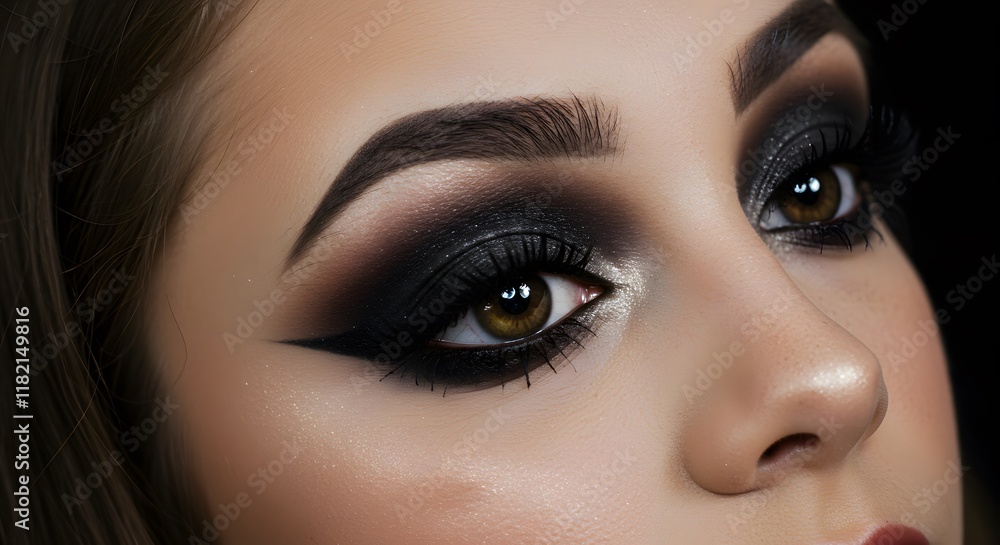Fototapeta premium Dramatic Smokey Eye Makeup with Winged Eyeliner and Glitter