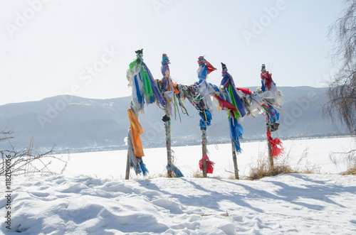 Wooden shaman totems in Baikal, Sludanka town, on Shaman cape photo