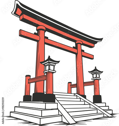 japanese temple sign, Torii Japanese gate red color vector silhouette isolated on white background