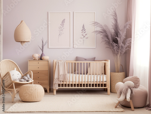 Modern minimalist japandi and scandinavian style nursery interior with lilac walls, crib, armchair and artwork on the wall. Cozy modern nursery interior. Minimalist childs room design