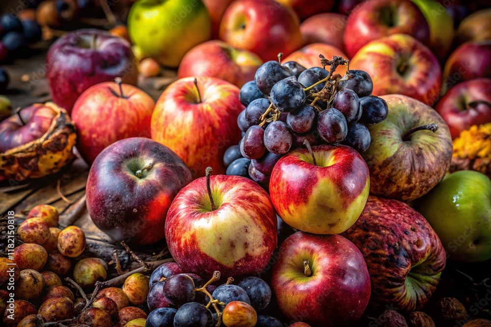 Spoiled Harvest: Rotten Apples and Grapes, Left Composition with Copy Space Spoiled Harvest: Rotten Apples and Grapes, Left Composition with Copy Space