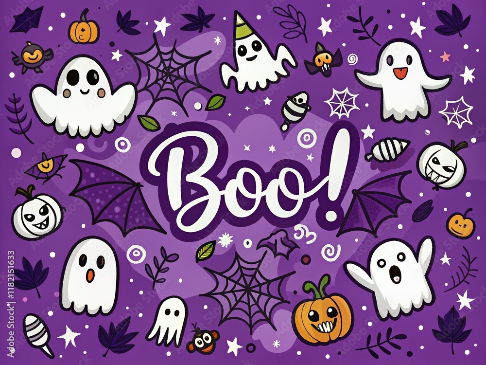 Naklejka premium Spooky Halloween Landscape: Doodle Ghosts, Bats & Spiders on Purple