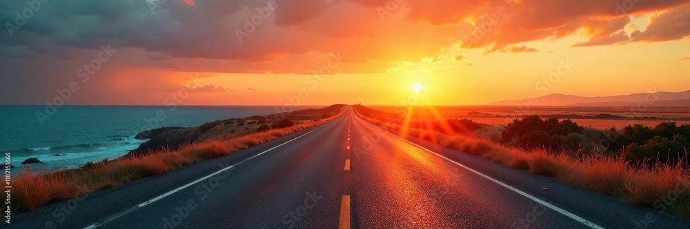 Road stretches out to sea horizon at golden sunset, landscape, sky Road stretches out to sea horizon at golden sunset, landscape, sky