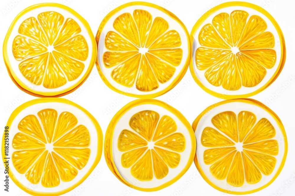 Sliced Lemon Close-up Isolated - Six juicy lemon slices, vibrant yellow, isolated on a pristine white background. Symbolizing freshness, zest, vitamin C, summer, and healthy eating. Sliced Lemon Close-up Isolated - Six juicy lemon slices, vibrant yellow, isolated on a pristine white background. Symbolizing freshness, zest, vitamin C, summer, and healthy eating.