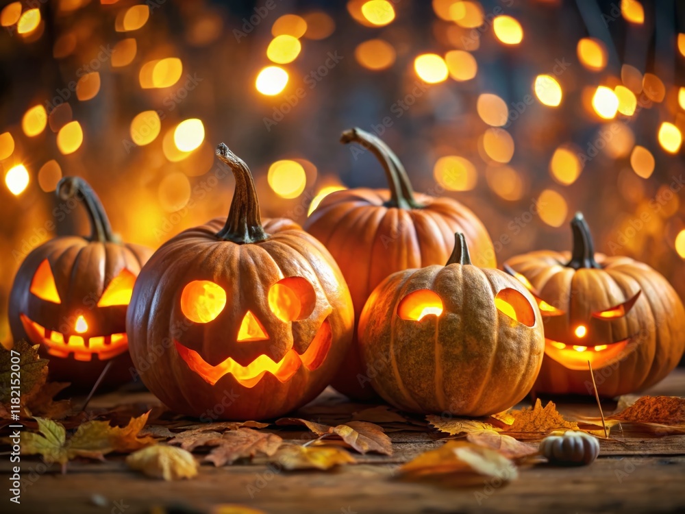Spooky Halloween Pumpkins with Bokeh Background - Festive Autumn Still Life Spooky Halloween Pumpkins with Bokeh Background - Festive Autumn Still Life