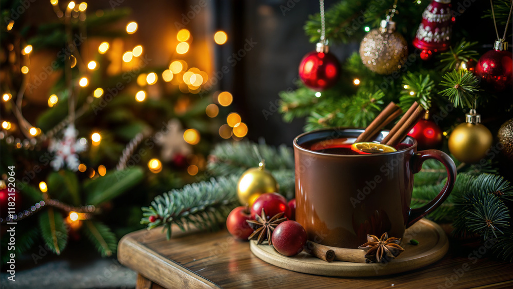 Cozy mug of hot mulled wine with spices and festive ornaments, surrounded by holiday decorations Cozy mug of hot mulled wine with spices and festive ornaments, surrounded by holiday decorations