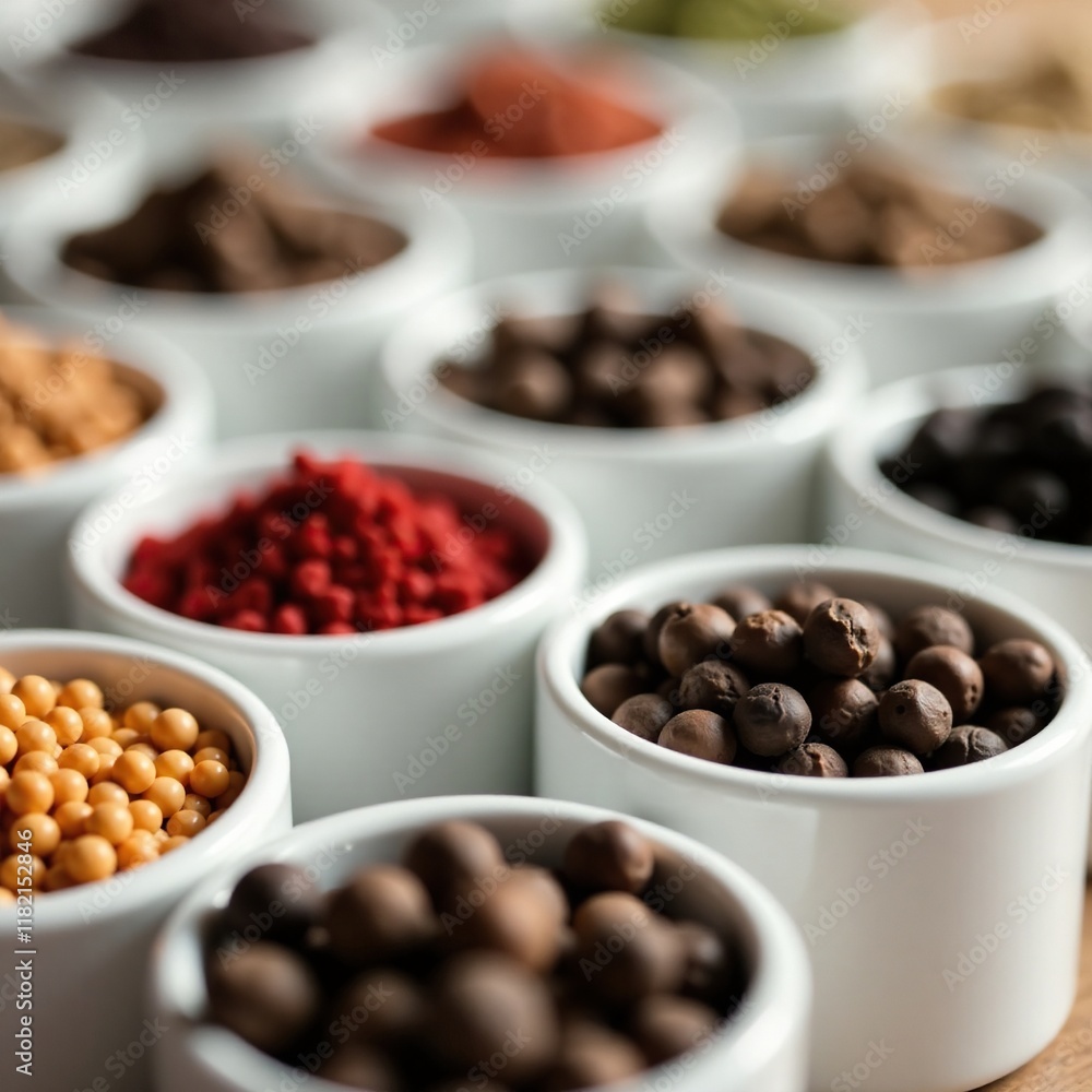 row of small white porcelain containers filled with peppercorns, white, porcelain, row of small white porcelain containers filled with peppercorns, white, porcelain,