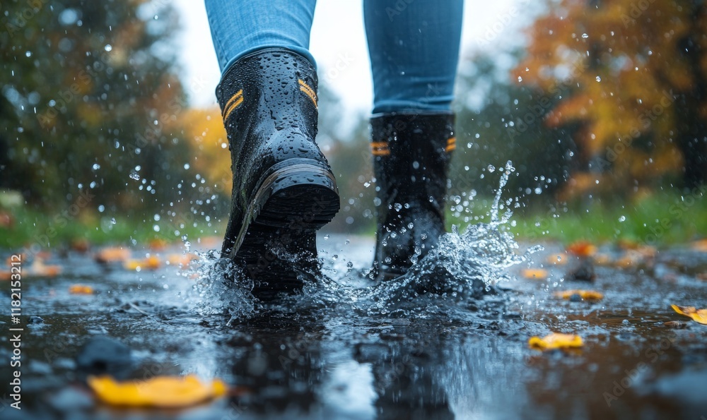 Rain, walking boots and and water splash in city street. Ai generated shoes of person in urban storm, Generative AI Rain, walking boots and and water splash in city street. Ai generated shoes of person in urban storm, Generative AI