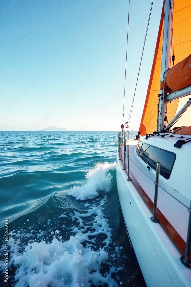 Obraz premium Sailboat on calm sea with mainsheet and roller rope, wave, sail, boat